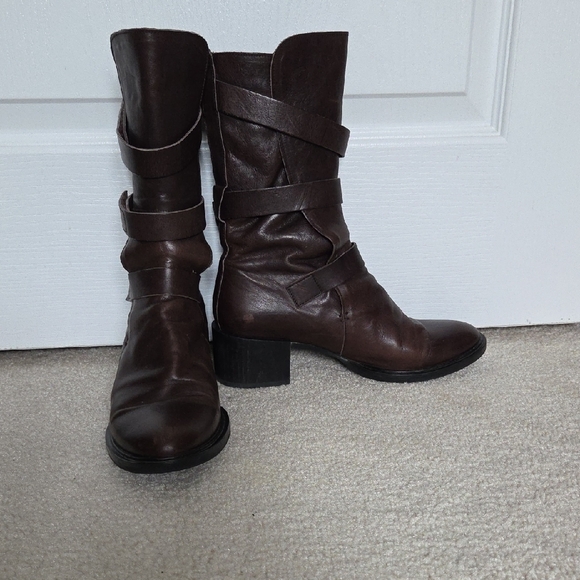 COCLICO Shoes - COCLICO Dark Brown Leather Combat Block Heel Boots w Velcro Closure Straps